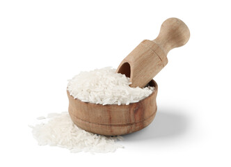 Wooden bowl and scoop with raw rice isolated on white background