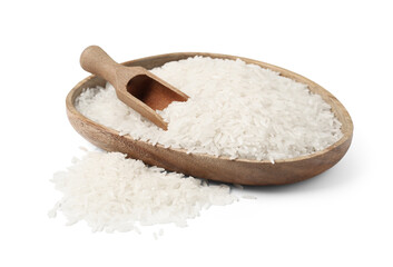 Wooden bowl and scoop with raw rice isolated on white background