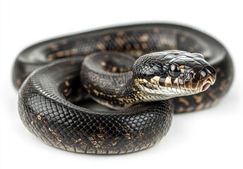 Obraz premium Close-up of a Beautiful Black Snake Coiled Elegantly with Glossy Scales, Showcasing Intricate Patterns and Distinctive Features, Captured in High Detail Against a Neutral Background