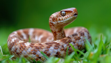 Obraz premium Close-Up of a Beautiful Brown and Cream Colored Snake with Intricate Scales Curled on Lush Green Grass Surrounded by Nature's Tranquil Setting