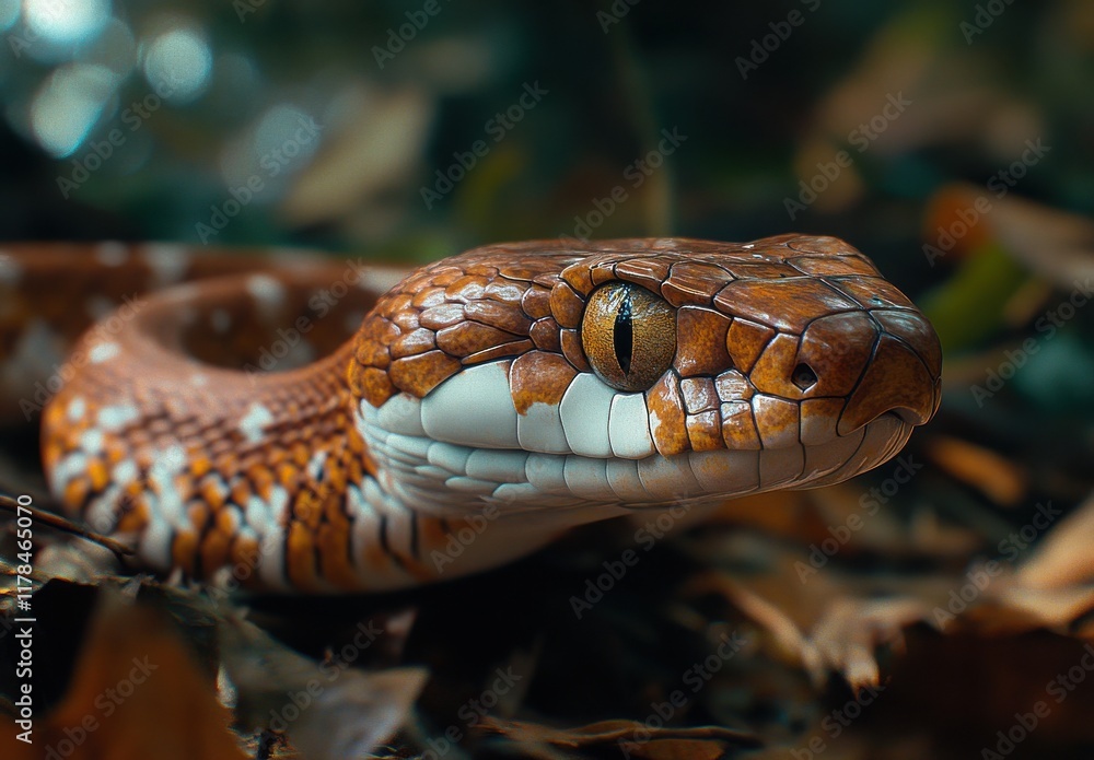 Poster close-up of a beautifully textured snake with intricate patterns and striking colors in a natural se