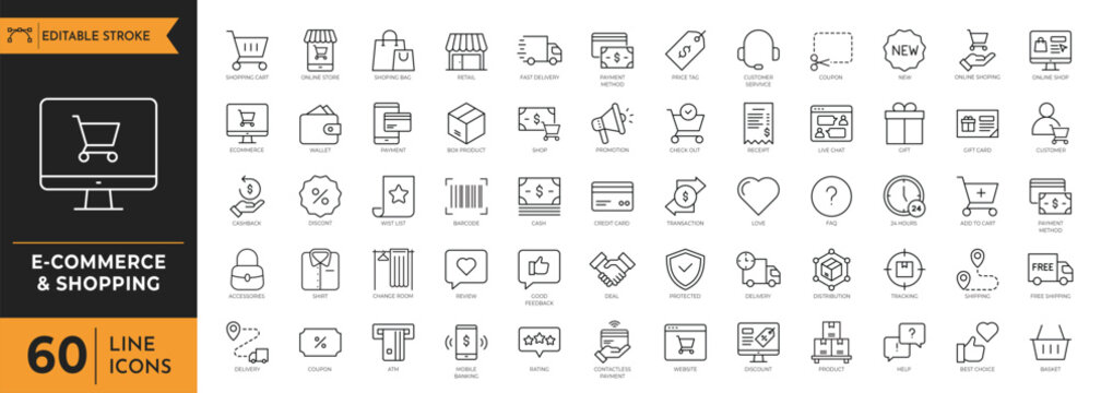 E-commerce and Shopping icon set. Containing mobile shop, shopping cart, testimonials, shipping and delivery, and more. vector illustration