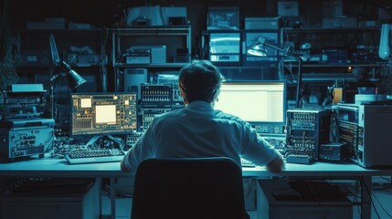 Man works late at cluttered tech desk, multiple monitors glow. Illustrates late-night coding, debugging, or system administration.