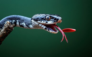 Obraz premium Close-Up of a Black and White Snake with Red Tongue Flicking Out, Capturing the Intricacies of Scales and Unique Features Against Dark Green Background