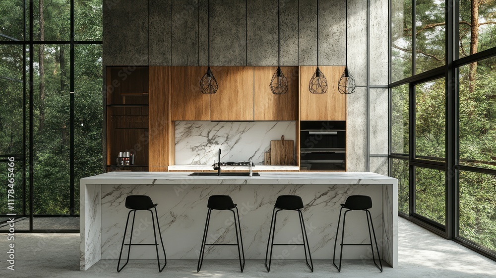 Canvas Prints Modern kitchen with marble island, wood cabinets, and forest view.