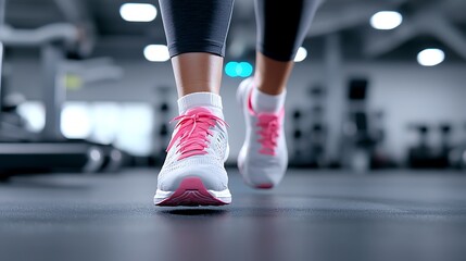 Close-up of woman's feet in pink and white sneakers walking on a gym floor.
