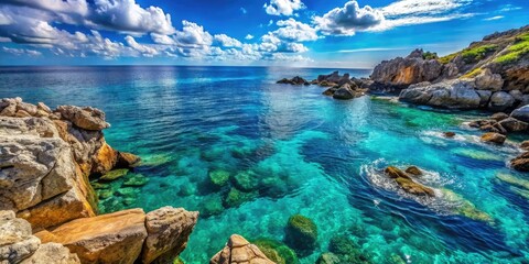 Crystal-clear blue ocean water crashes against a rugged, rocky shoreline.