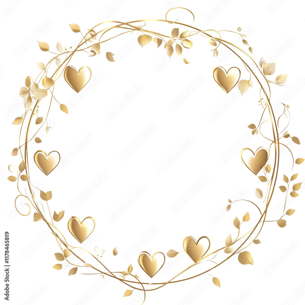 Poster a circular frame features golden hearts and swirling vines with leaves forming an elegant and romant