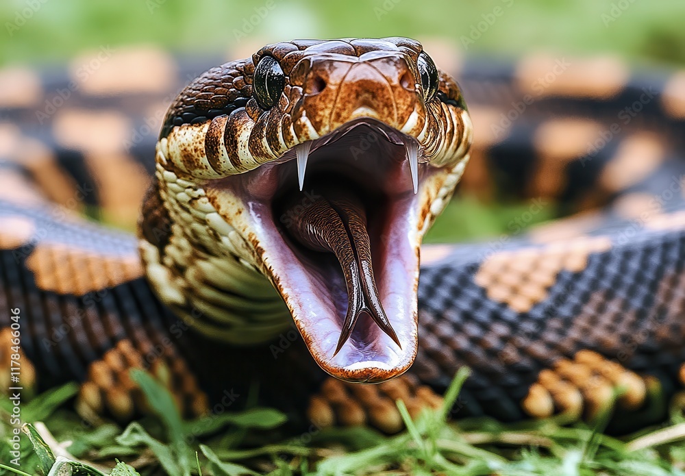 Poster close-up of a captivating snake with open mouth, showcasing fangs and unique patterns against a lush