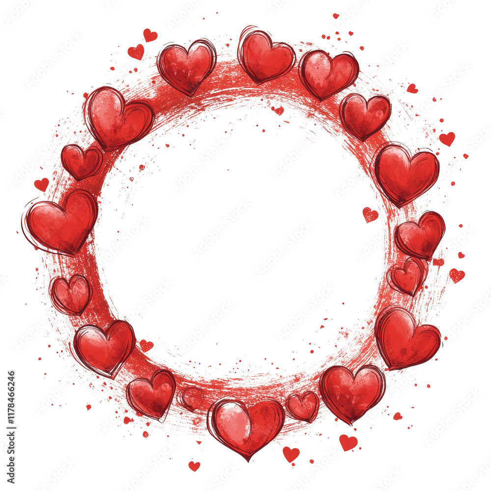 Poster a circular frame composed of numerous red painted hearts with a white center ideal for romantic mess
