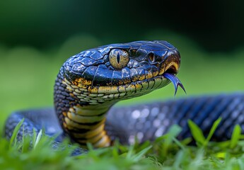 Fototapeta premium Close-Up of a Colorful Black and Yellow Snake with Intricate Scales and a Forked Tongue on Green Grass in a Natural Habitat Environment