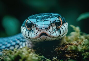 Obraz premium Close-Up of a Colorful Snake Head Showing Intricate Scale Patterns and Striking Eyes in a Nature Environment with Green Background
