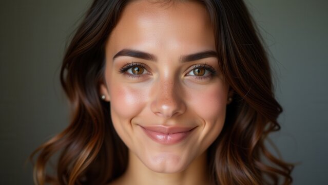 A radiant young woman gazes straight into the lens, her luscious dark brown locks framing her heart-shaped face, with a subtle hint of mischief in her eyes and a soft light brown glow on her eyelids