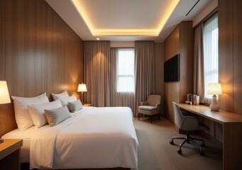 Fototapeta premium Modern hotel bedroom featuring elegant decor and comfortable furnishings