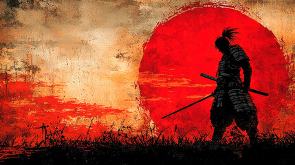 Samurai warrior at sunset: A dramatic Japanese art illustration.  Explore the culture, history and bushido code of the legendary samurai.