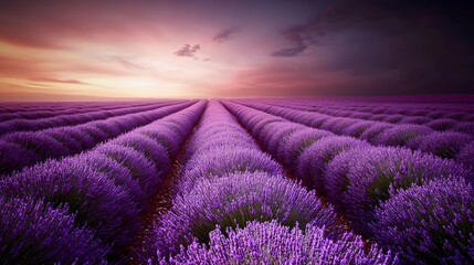 Obraz premium A serene lavender field under the twilight sky, with rows of purple flowers stretching to the horizon. captures the tranquility and beauty of nature