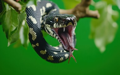 Naklejka premium Close-Up of a Fierce Snake with Open Mouth Displaying Fangs and Tongue, Hanging from a Branch Surrounded by Green Leaves on a Vibrant Green Background