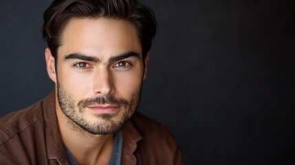 Obraz premium Close-up portrait of a handsome man with brown hair and eyes, wearing a brown shirt, against a dark background.