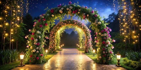Fototapeta premium Dreamy illuminated arch creates a magical backdrop for your nighttime wedding ceremony.