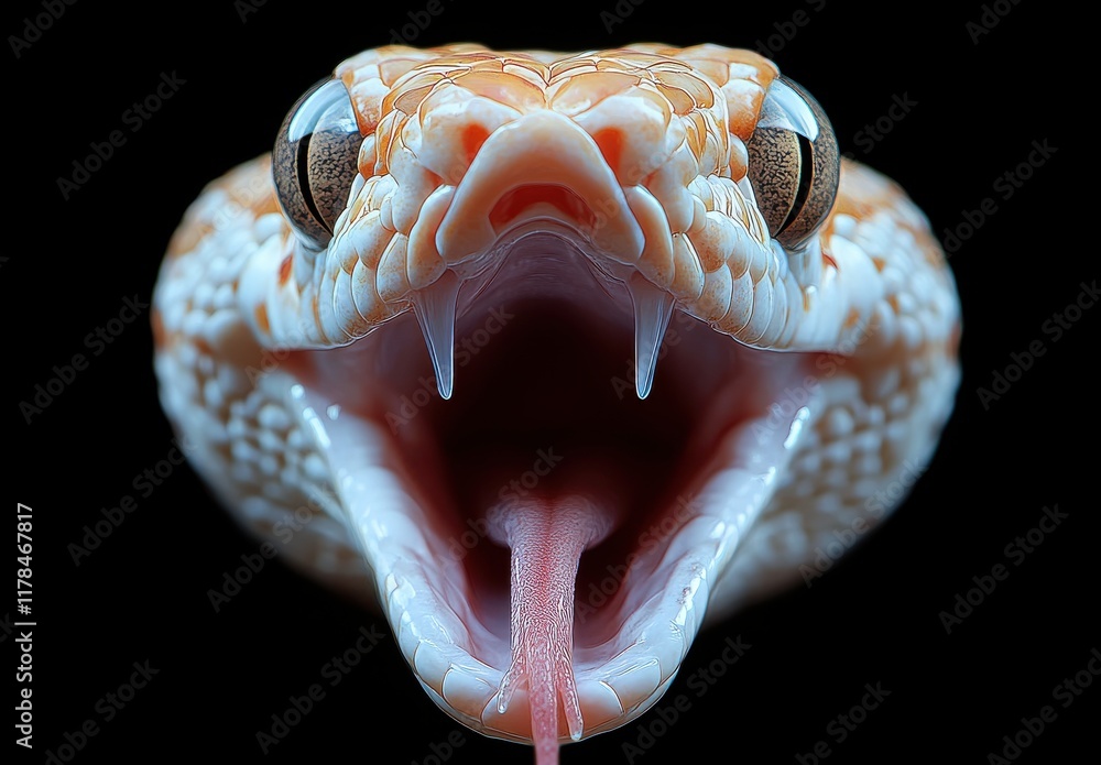 Poster close-up of a striking snake with intricate patterns and vibrant colors, showcasing its open mouth a
