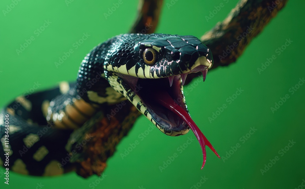 Poster close-up of a venomous snake with an open mouth and forked tongue perched on a branch against a brig