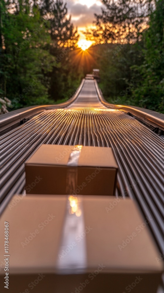 Poster sunset over automated package sorting conveyor belt system