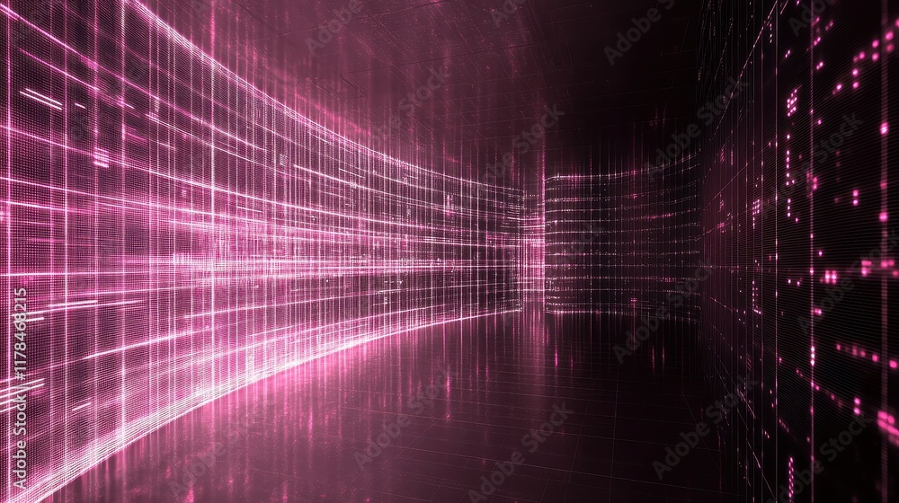 Aufkleber pink glowing grid lines form a curved digital tunnel. ideal for tech, data, and network concepts; re