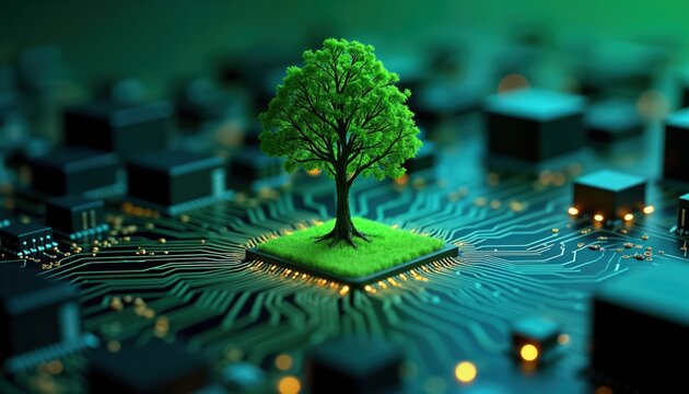 Green tree grows in tech chip. Eco friendly tech concept. Sustainable innovation. Future tech. Eco friendly computer circuit board. Nature in tech. Global tech. Computer chip with tree on top.