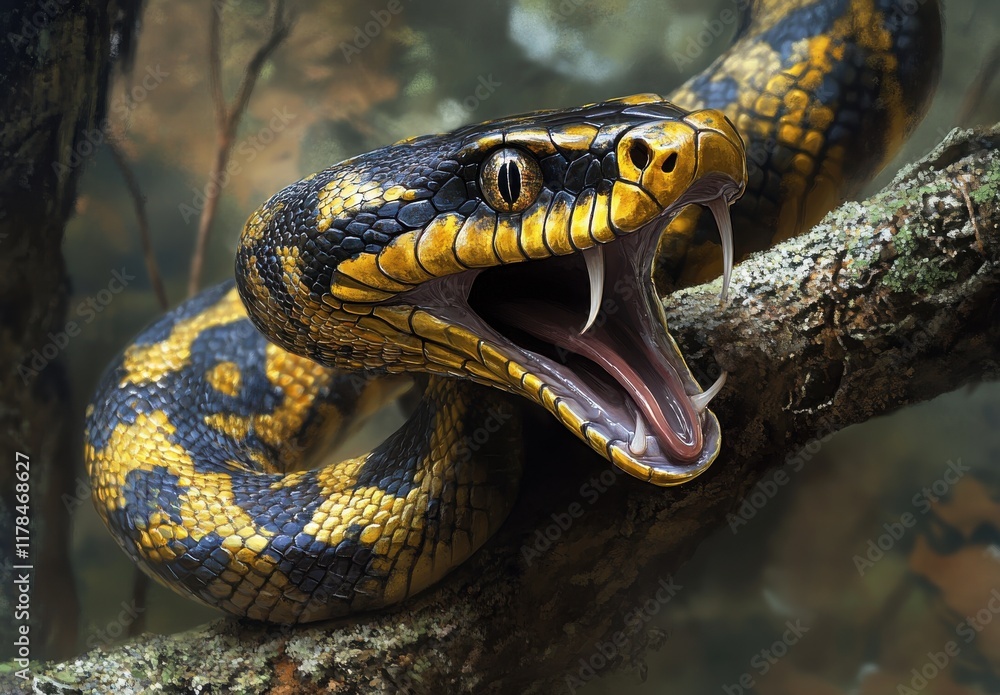 Aufkleber close-up of a vibrant yellow and black snake with open mouth displaying fangs on a branch surrounded