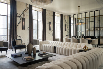 Luxury modern living room house apartment hotel with tall windows and modern furniture 