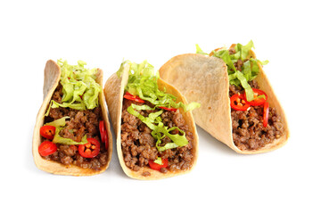 Tasty fresh tacos isolated on white background