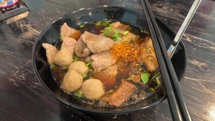 Thai Braised Beef Noodle Soup, Super delicious noodle with braised beef and meat ball