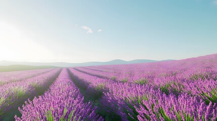 Naklejka premium A serene lavender field under the twilight sky, with rows of purple flowers stretching to the horizon. captures the tranquility and beauty of nature