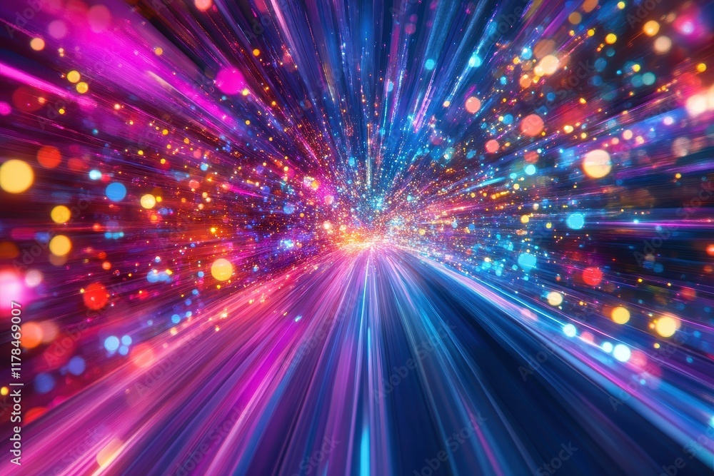 Poster vibrant streaks of light and colorful bokeh create a dynamic tunnel effect. perfect for speed, techn