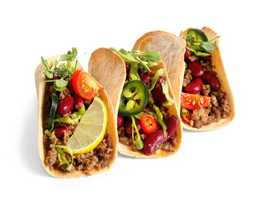 Tasty fresh tacos isolated on white background