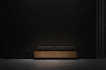Modern minimalist dark room with wooden bench.