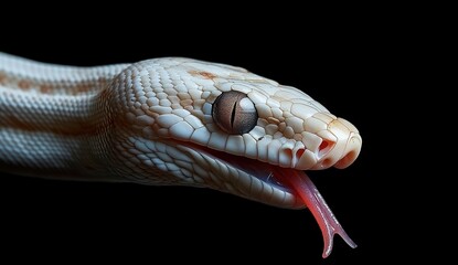 Close-up View of a Beautiful Albino Snake Capturing Intricate Scales and Graceful Tongue in a Dark Background Highlighting Natural Beauty and Detail
