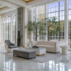 Luxury modern living room house apartment hotel with tall windows and modern furniture 