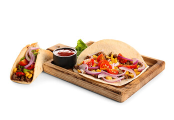 Wooden tray with tasty fresh tacos and ingredients isolated on white background
