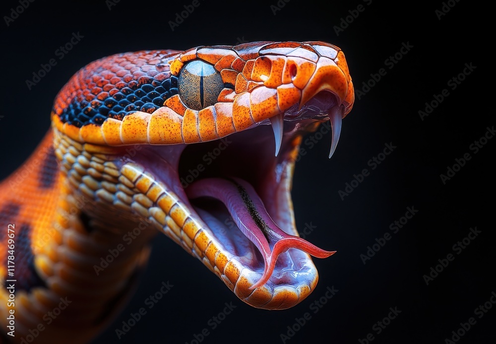 Poster close-up view of a colorful snake with open mouth displaying fangs and forked tongue on dark backgro