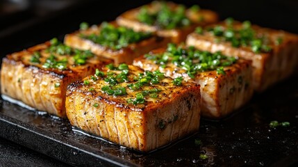 Grilled salmon cubes garnished with green onions on a black serving plate.