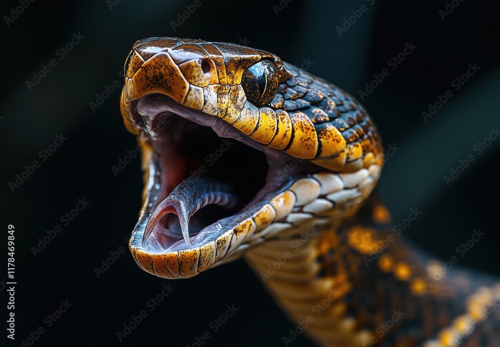 Aufkleber close-up view of a majestic snake with intricate patterns and open mouth, showcasing its unique feat
