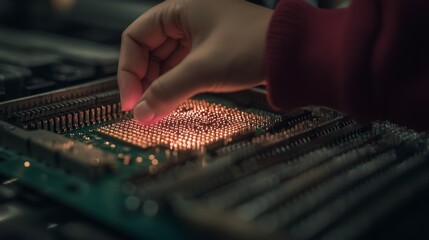 Hand Gently Touching Glowing Microchip  Technology  Innovation  Circuit Board  Electronics