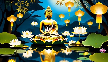 Obraz premium Serene Buddha Meditating Amidst Lotus Flowers and Lanterns