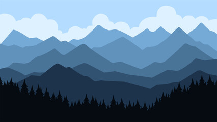 Landscape of mountain range with pine forest and cloudy sky. Vector illustration of scenery mountain ridge with coniferous forest. Blue jagged mountain panorama with pine forest silhouette