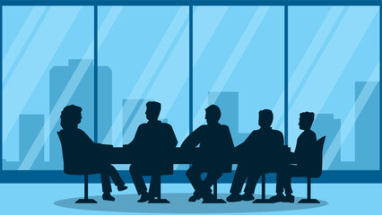 Illustration of a business meeting in the room of a skyline building. Vector illustration of five people discussing business in the office room. Meeting room with cityscape view of skyline building