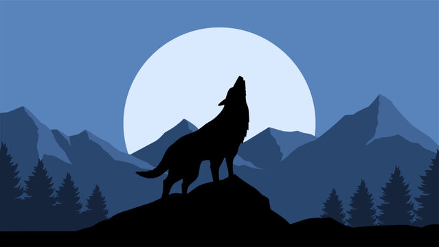 Wolf howling on a rock in the pine forest under the full moon. Vector illustration of wildlife at night with wolf and mountain landscape. Jagged mountain and coniferous forest landscape at night