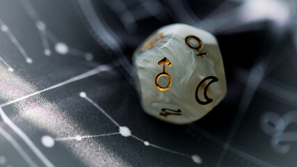 Astrology. Astrological dice showing the planetary symbol for Mars, sitting next to the constellation for the zodiac sign of Cancer © Tristan