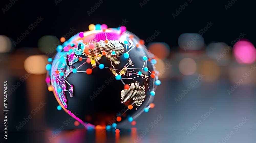Poster colorful digital globe with interconnected nodes, representing global network and connectivity.