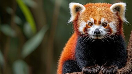 Fototapeta premium A close-up of a red panda perched on a branch, showcasing its vibrant fur and expressive eyes.
